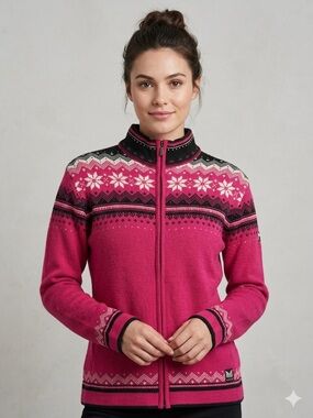 Dale Of Norway Sz XL Pink Black Fair Isles Virgin Wool Full Zip Sweater